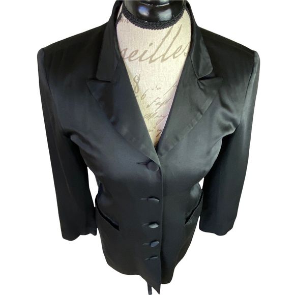 Vtg Tweeds Black Satin 5 Button Slit Long Sleeve Shoulder Pads Blazer Jacket 6 - Picture 3 of 14